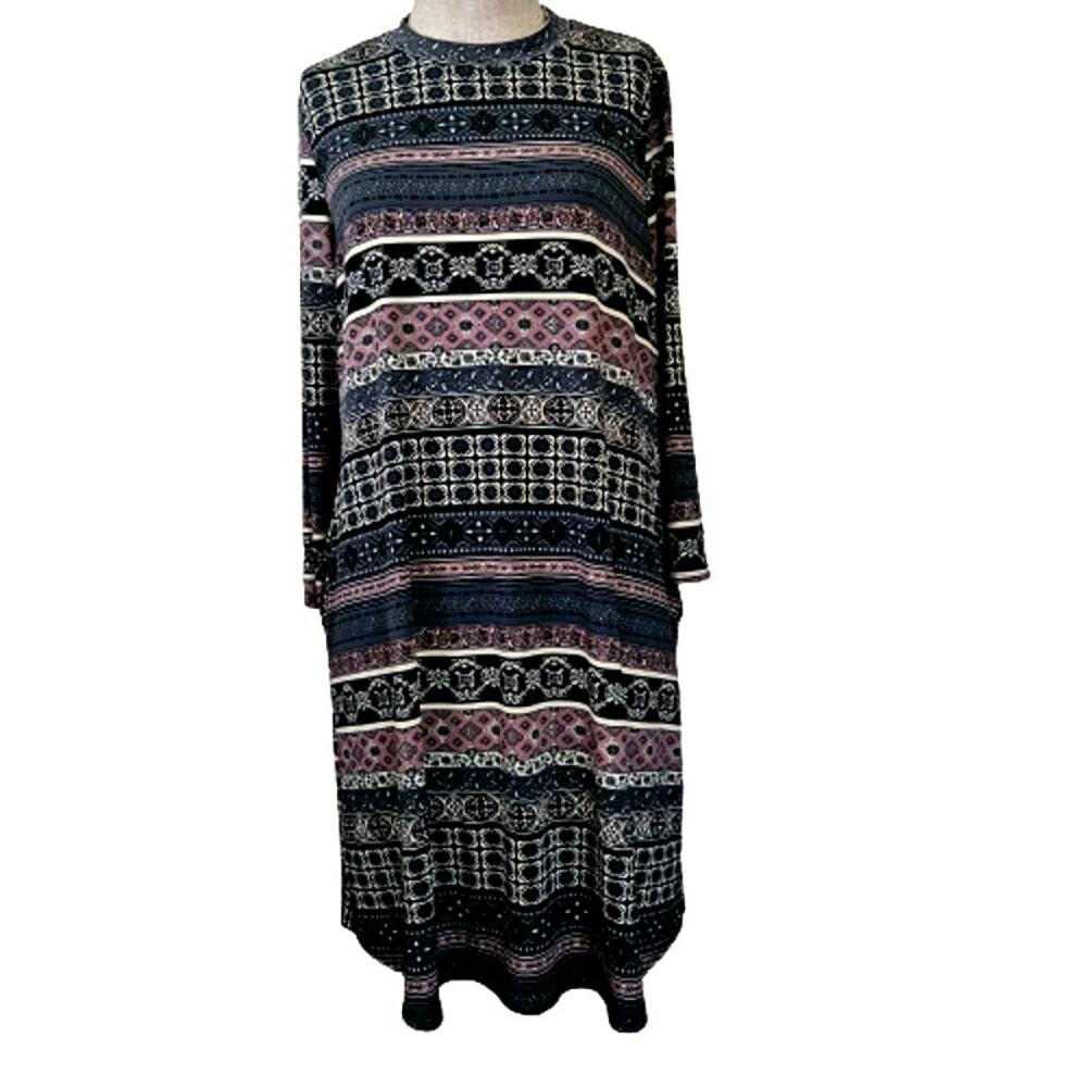 Grey Patterned Long Sleeve Shift Dress Size Large